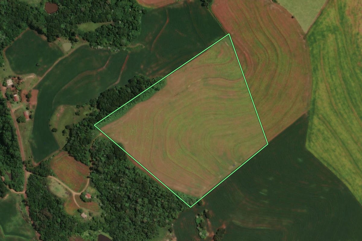 Imagem de satélite do imóvel rural em Ampére (PR), com o contorno declarado no CAR desenhado por cima.
