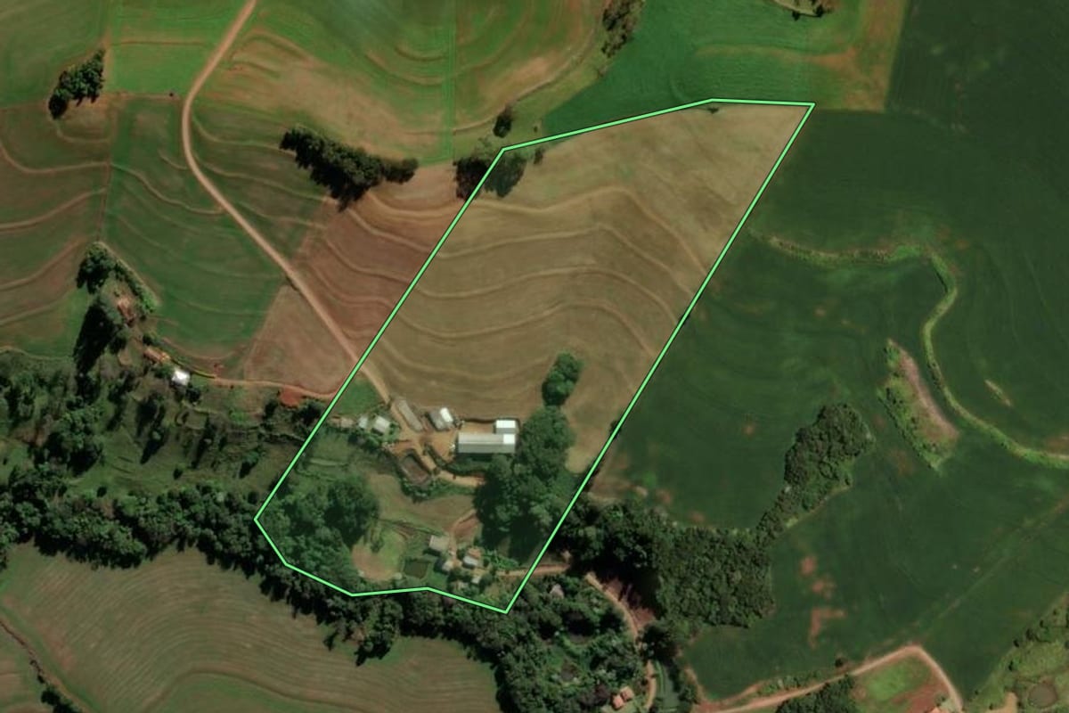 Imagem de satélite do imóvel rural em Ampére (PR), com o contorno declarado no CAR desenhado por cima.