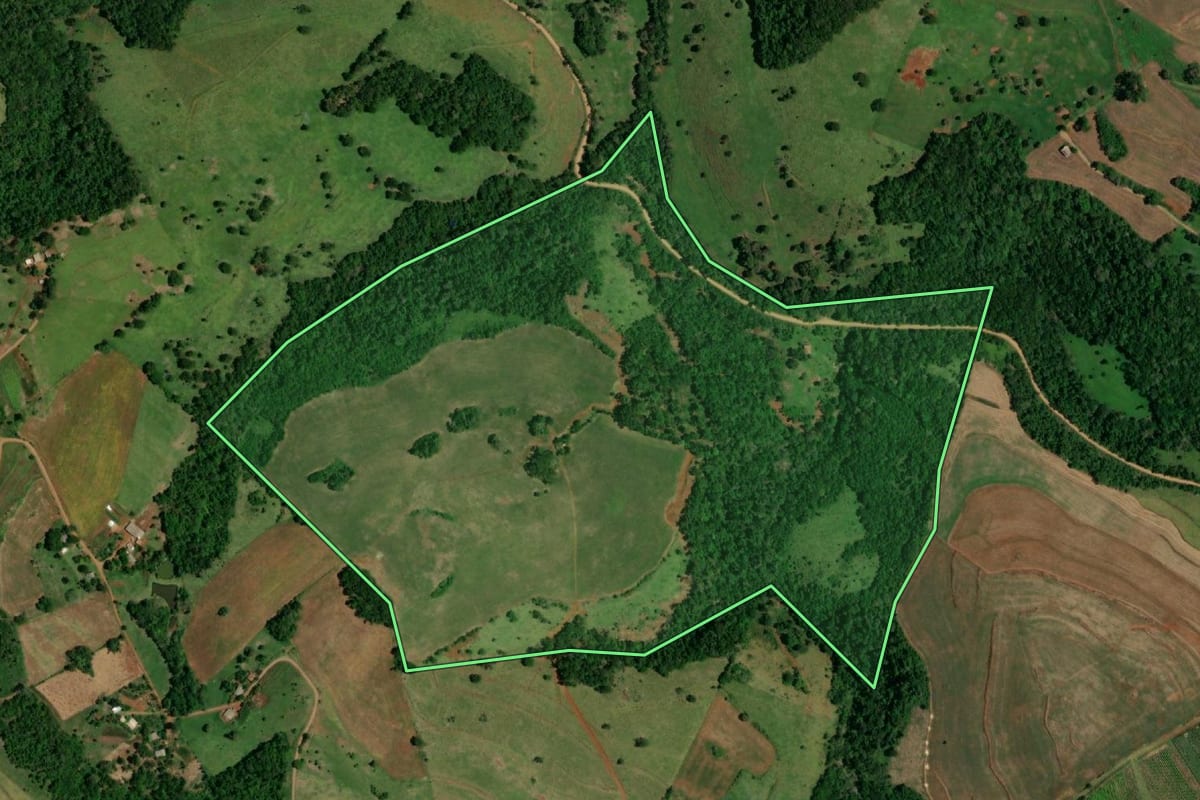 Imagem de satélite do imóvel rural em Ampére (PR), com o contorno declarado no CAR desenhado por cima.