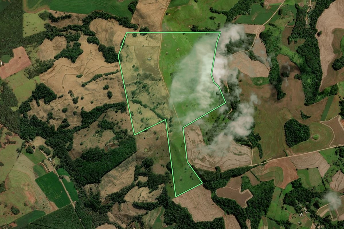 Imagem de satélite do imóvel rural em Ampére (PR), com o contorno declarado no CAR desenhado por cima.
