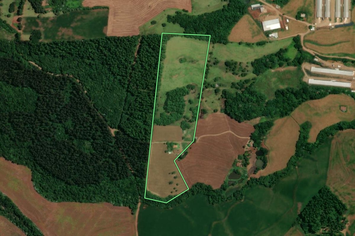 Imagem de satélite do imóvel rural em Ampére (PR), com o contorno declarado no CAR desenhado por cima.