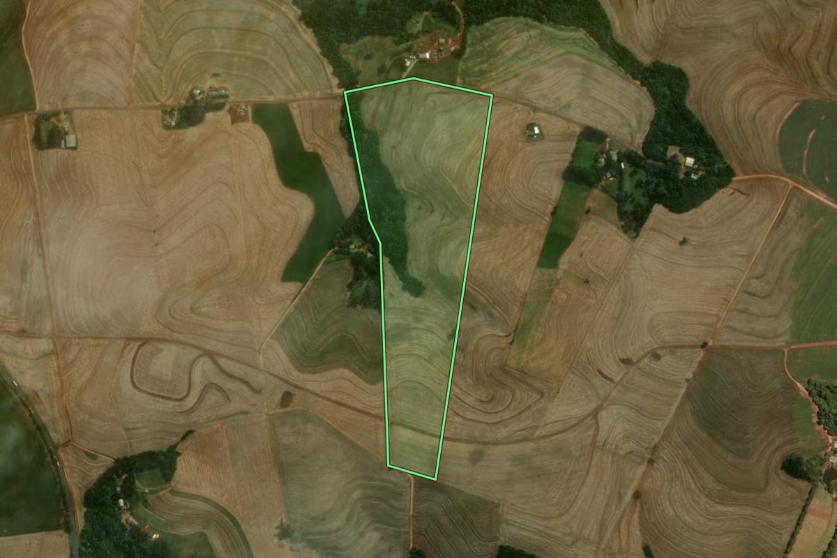 Imagem de satélite do imóvel rural em Ampére (PR), com o contorno declarado no CAR desenhado por cima.