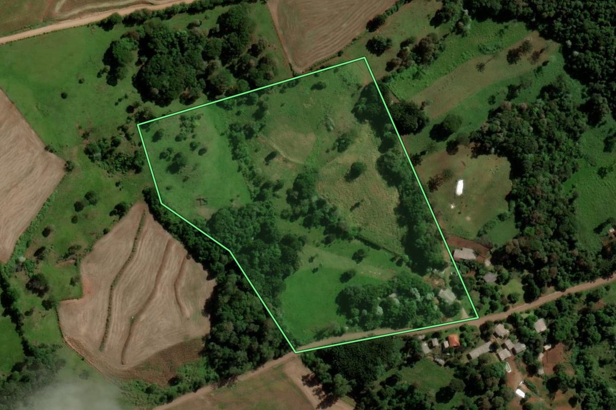 Imagem de satélite do imóvel rural em Ampére (PR), com o contorno declarado no CAR desenhado por cima.