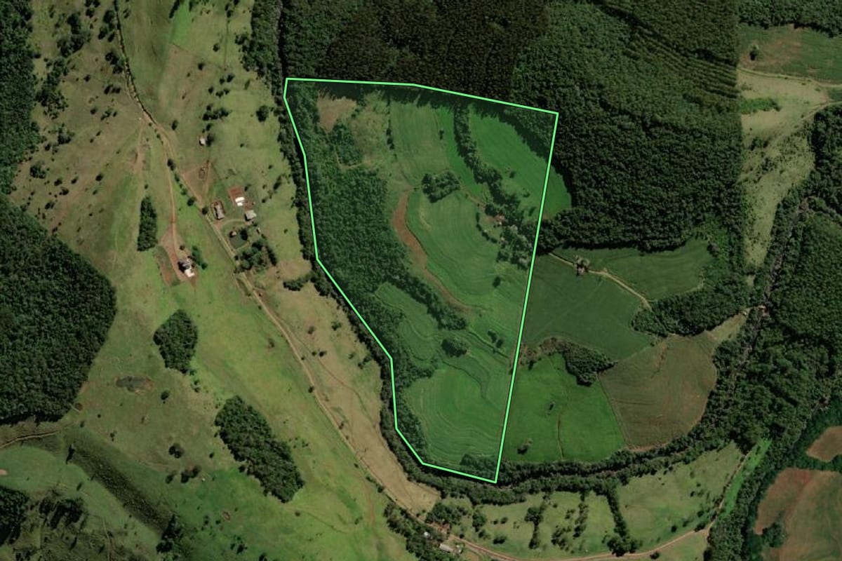 Imagem de satélite do imóvel rural em Ampére (PR), com o contorno declarado no CAR desenhado por cima.