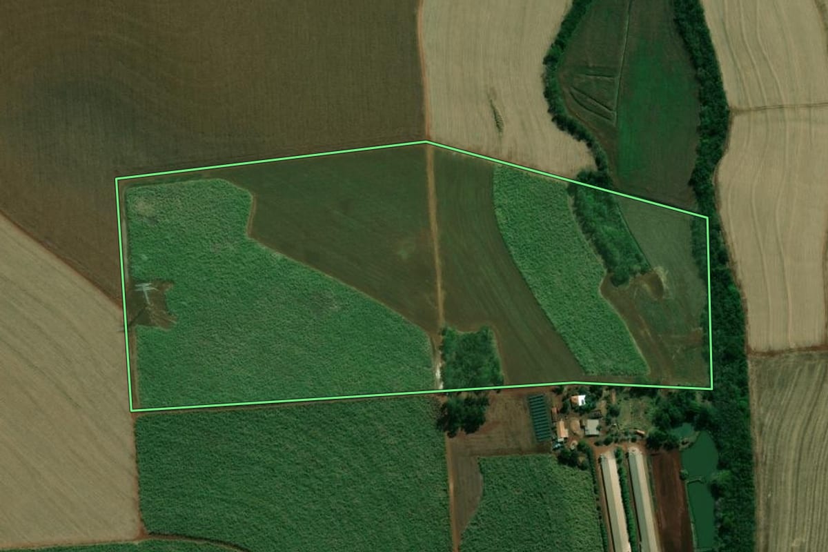 Imagem de satélite do imóvel rural em Andirá (PR), com o contorno declarado no CAR desenhado por cima.