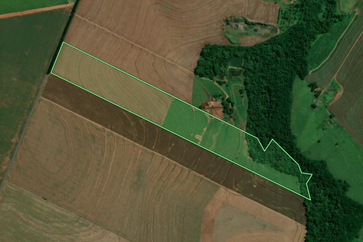 Imagem de satélite do imóvel rural em Ângulo (PR), com o contorno declarado no CAR desenhado por cima.