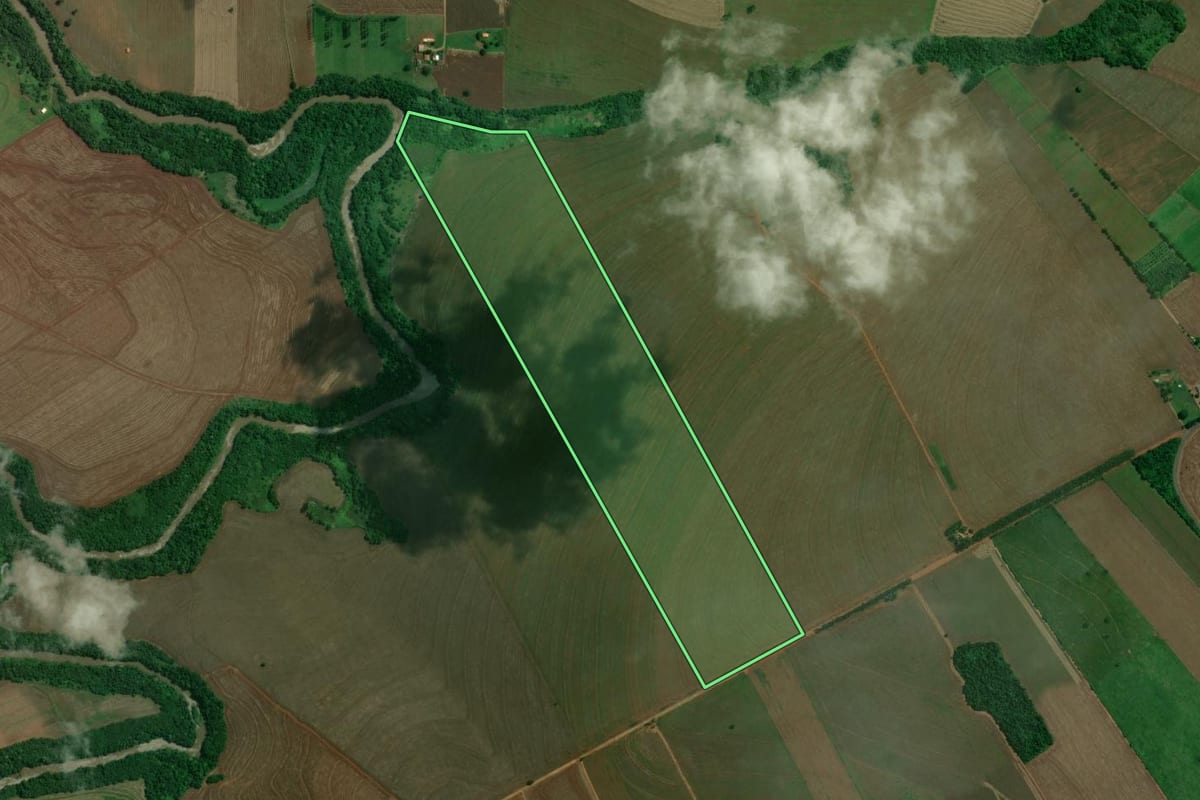 Imagem de satélite do imóvel rural em Ângulo (PR), com o contorno declarado no CAR desenhado por cima.