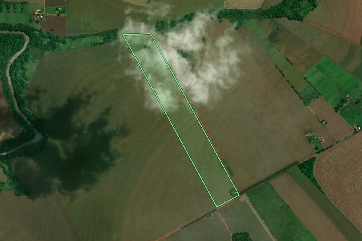 Imagem de satélite do imóvel rural em Ângulo (PR), com o contorno declarado no CAR desenhado por cima.