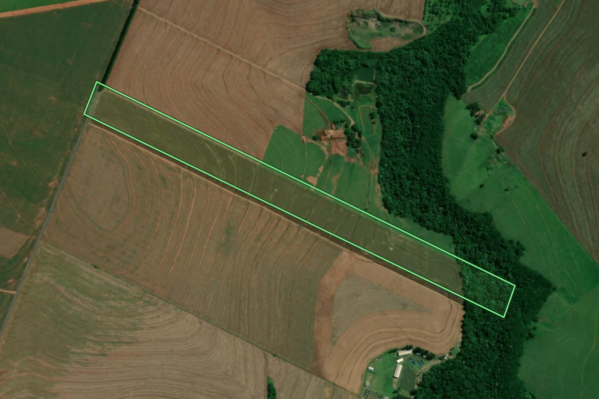 Imagem de satélite do imóvel rural em Ângulo (PR), com o contorno declarado no CAR desenhado por cima.