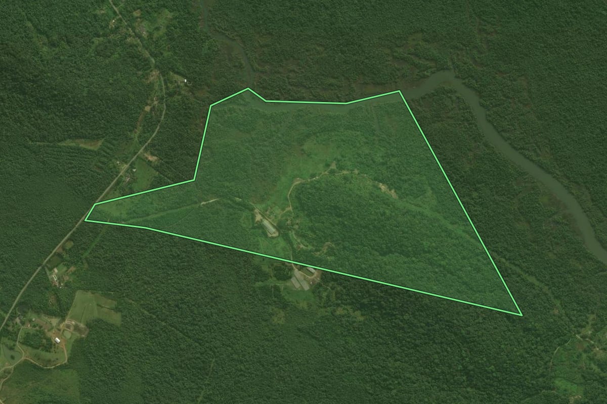 Imagem de satélite do imóvel rural em Antonina (PR), com o contorno declarado no CAR desenhado por cima.