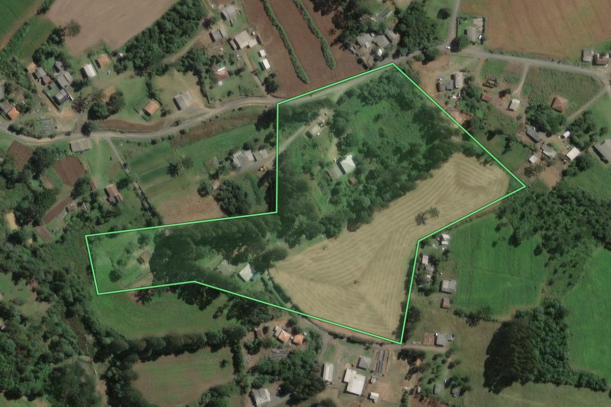 Imagem de satélite do imóvel rural em Antônio Olinto (PR), com o contorno declarado no CAR desenhado por cima.