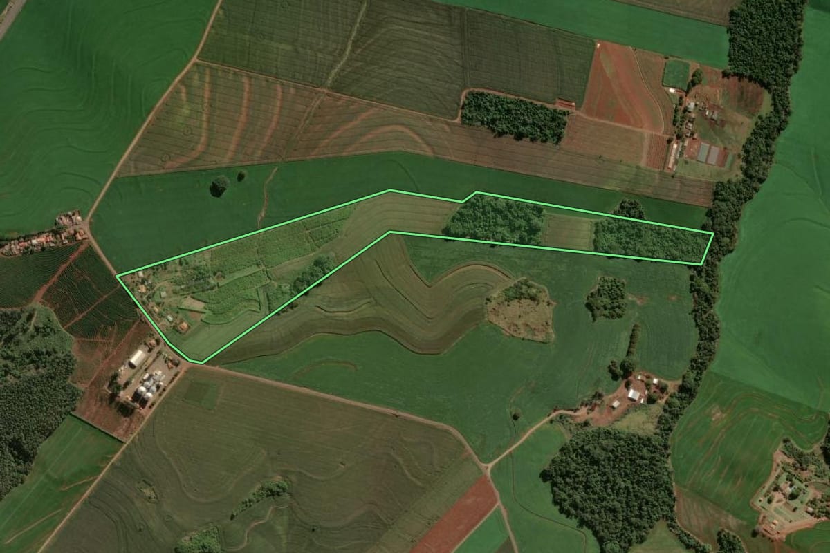 Imagem de satélite do imóvel rural em Apucarana (PR), com o contorno declarado no CAR desenhado por cima.