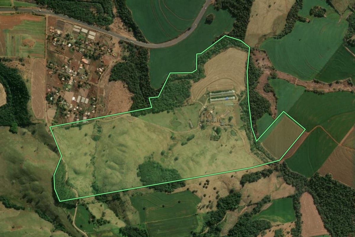 Imagem de satélite do imóvel rural em Apucarana (PR), com o contorno declarado no CAR desenhado por cima.