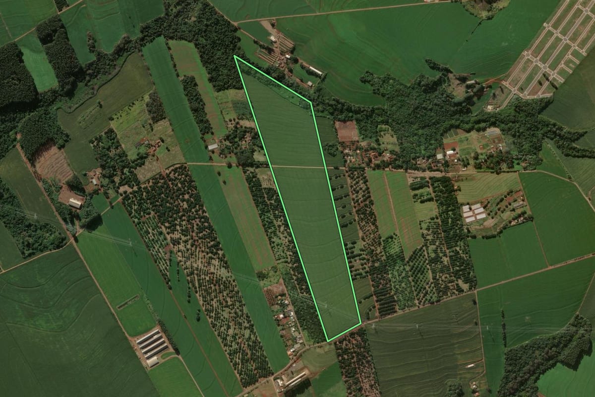 Imagem de satélite do imóvel rural em Arapongas (PR), com o contorno declarado no CAR desenhado por cima.