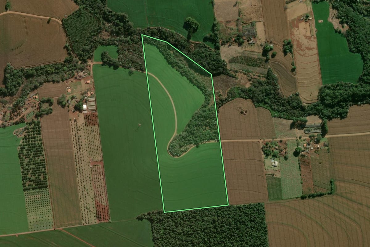 Imagem de satélite do imóvel rural em Arapongas (PR), com o contorno declarado no CAR desenhado por cima.