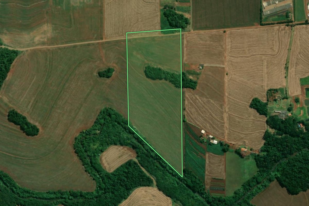 Imagem de satélite do imóvel rural em Arapongas (PR), com o contorno declarado no CAR desenhado por cima.