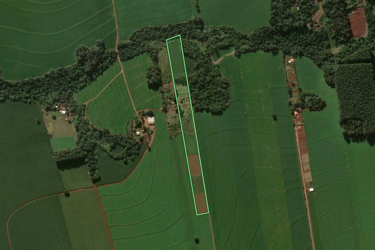 Imagem de satélite do imóvel rural em Arapongas (PR), com o contorno declarado no CAR desenhado por cima.