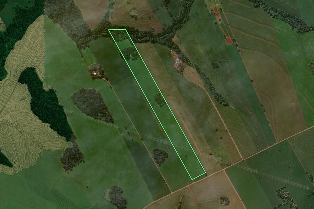 Imagem de satélite do imóvel rural em Arapongas (PR), com o contorno declarado no CAR desenhado por cima.