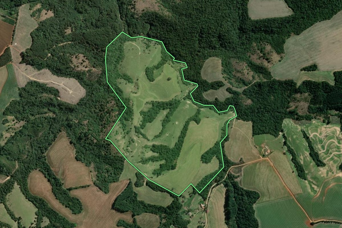 Imagem de satélite do imóvel rural em Arapoti (PR), com o contorno declarado no CAR desenhado por cima.