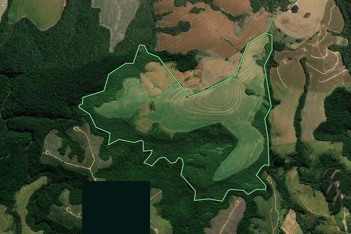 Imagem de satélite do imóvel rural em Arapoti (PR), com o contorno declarado no CAR desenhado por cima.
