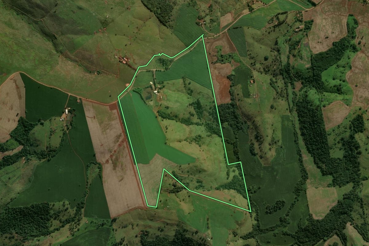 Imagem de satélite do imóvel rural em Arapuã (PR), com o contorno declarado no CAR desenhado por cima.
