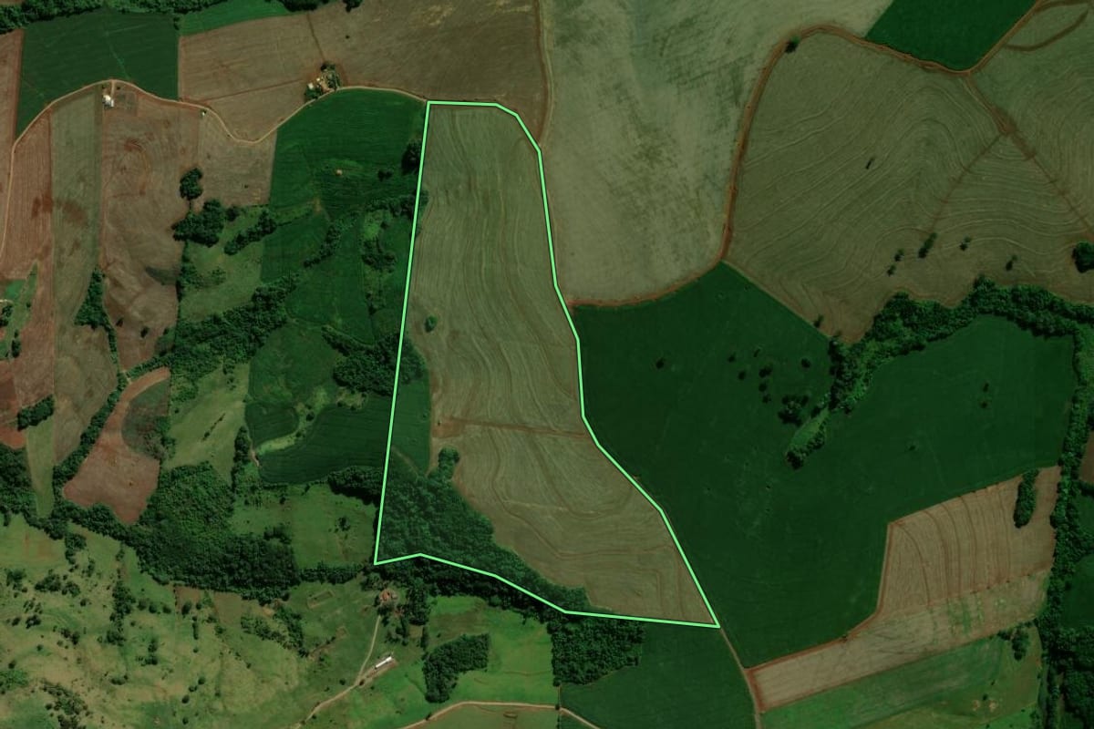 Imagem de satélite do imóvel rural em Arapuã (PR), com o contorno declarado no CAR desenhado por cima.