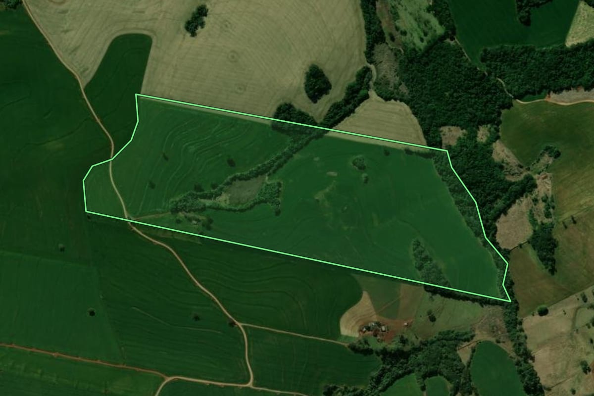 Imagem de satélite do imóvel rural em Arapuã (PR), com o contorno declarado no CAR desenhado por cima.