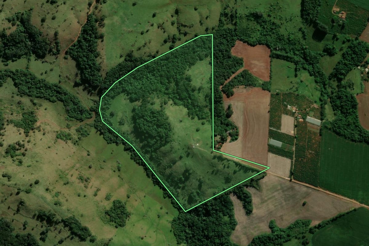 Imagem de satélite do imóvel rural em Arapuã (PR), com o contorno declarado no CAR desenhado por cima.