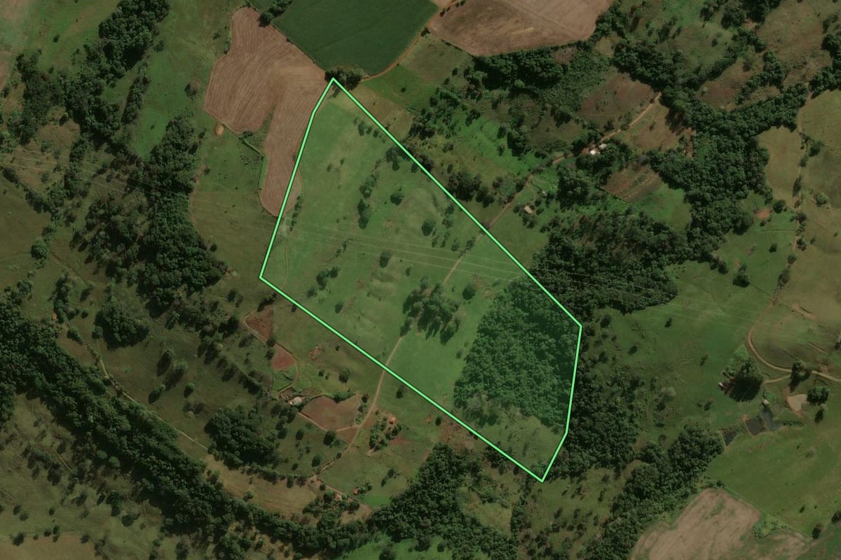 Imagem de satélite do imóvel rural em Arapuã (PR), com o contorno declarado no CAR desenhado por cima.