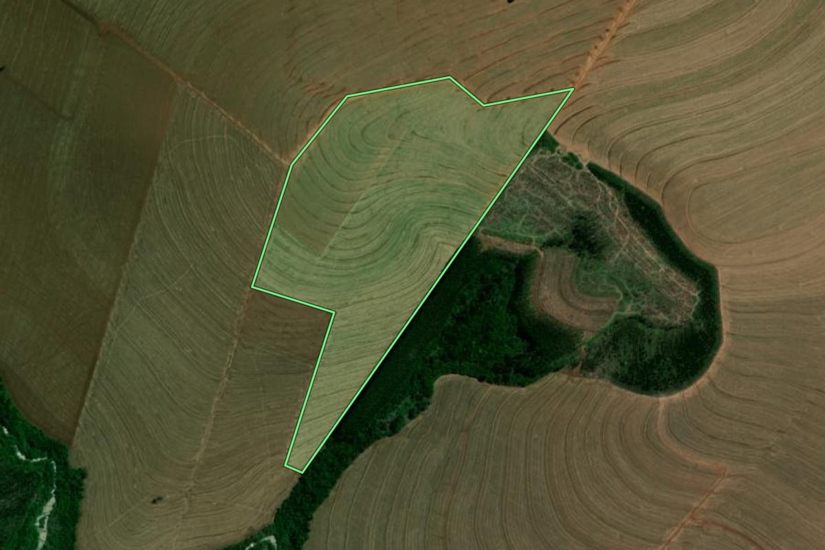 Imagem de satélite do imóvel rural em Araruna (PR), com o contorno declarado no CAR desenhado por cima.