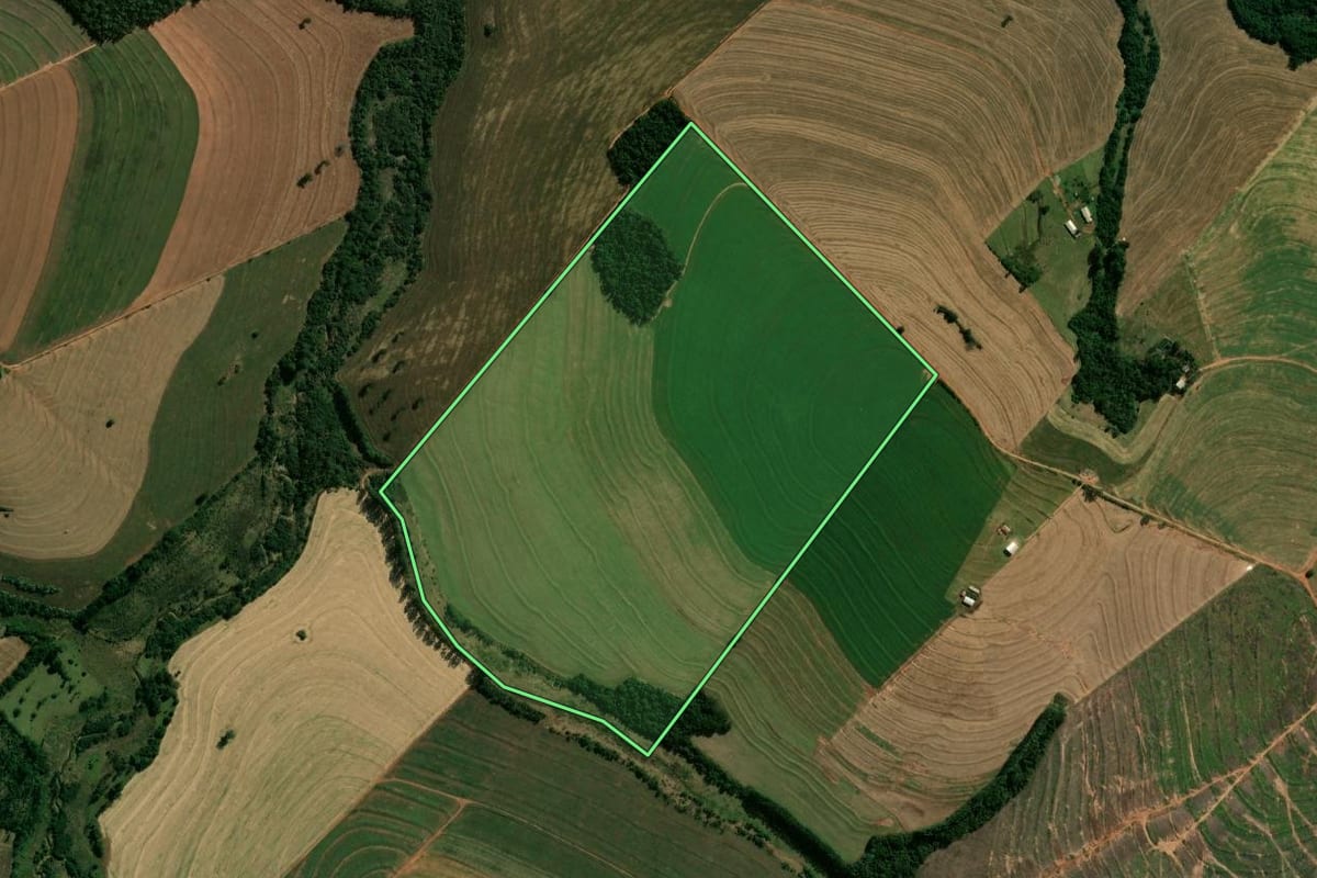 Imagem de satélite do imóvel rural em Araruna (PR), com o contorno declarado no CAR desenhado por cima.