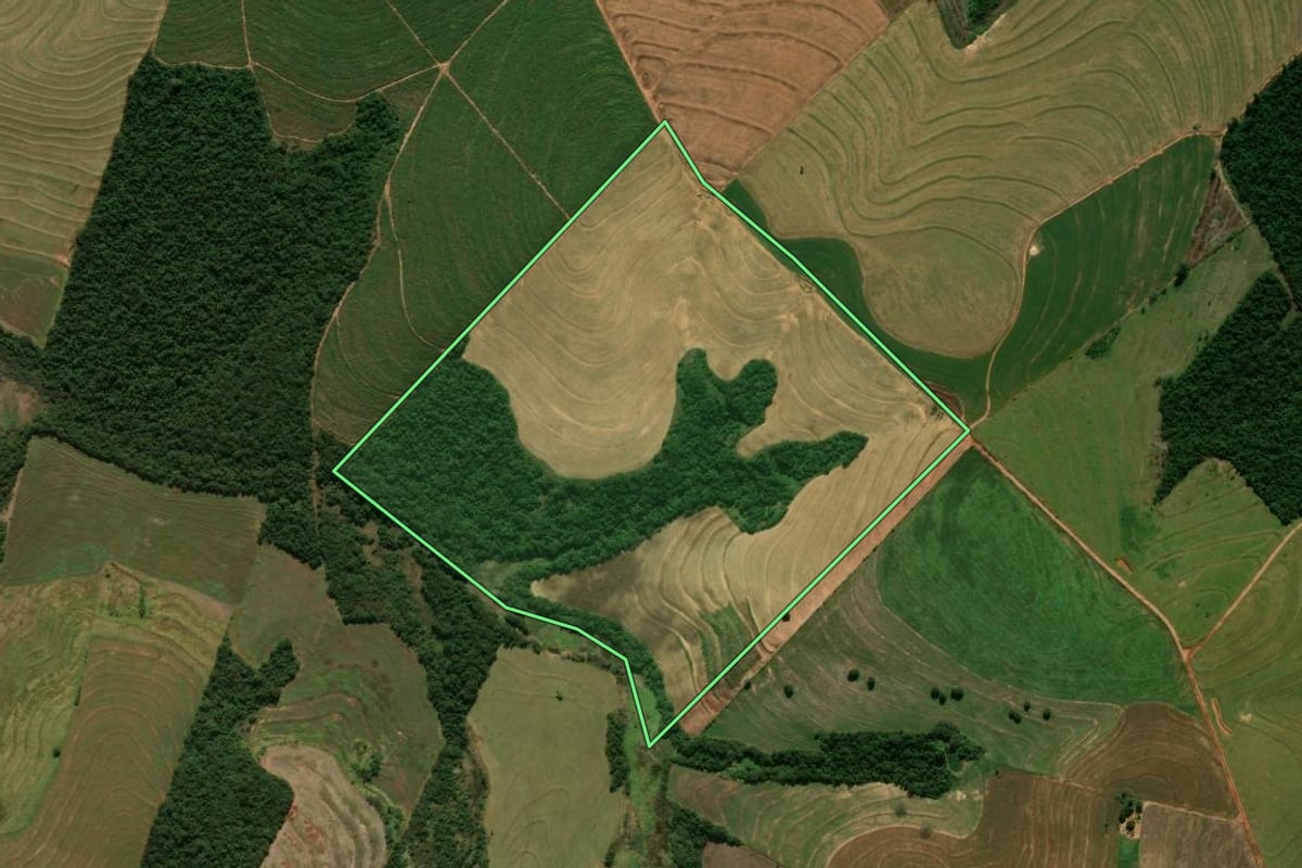 Imagem de satélite do imóvel rural em Araruna (PR), com o contorno declarado no CAR desenhado por cima.