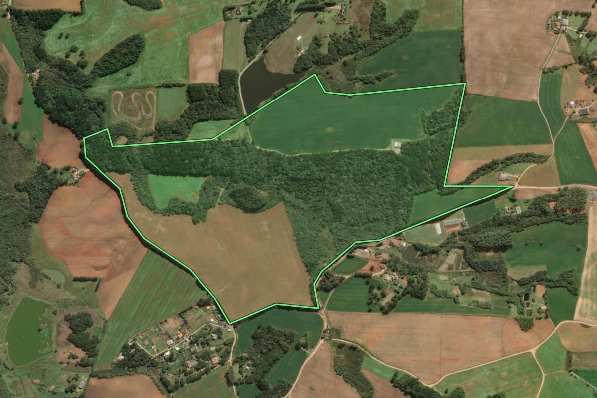 Imagem de satélite do imóvel rural em Araucária (PR), com o contorno declarado no CAR desenhado por cima.