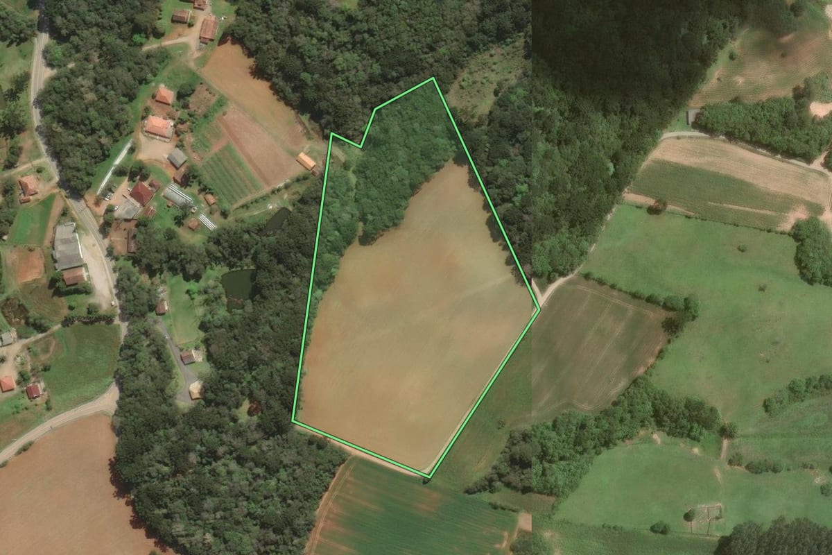 Imagem de satélite do imóvel rural em Araucária (PR), com o contorno declarado no CAR desenhado por cima.