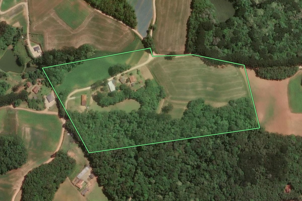 Imagem de satélite do imóvel rural em Araucária (PR), com o contorno declarado no CAR desenhado por cima.