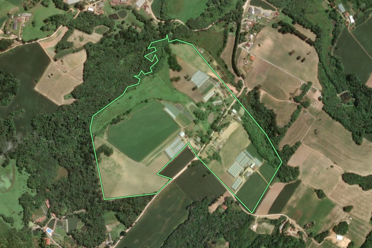 Imagem de satélite do imóvel rural em Araucária (PR), com o contorno declarado no CAR desenhado por cima.