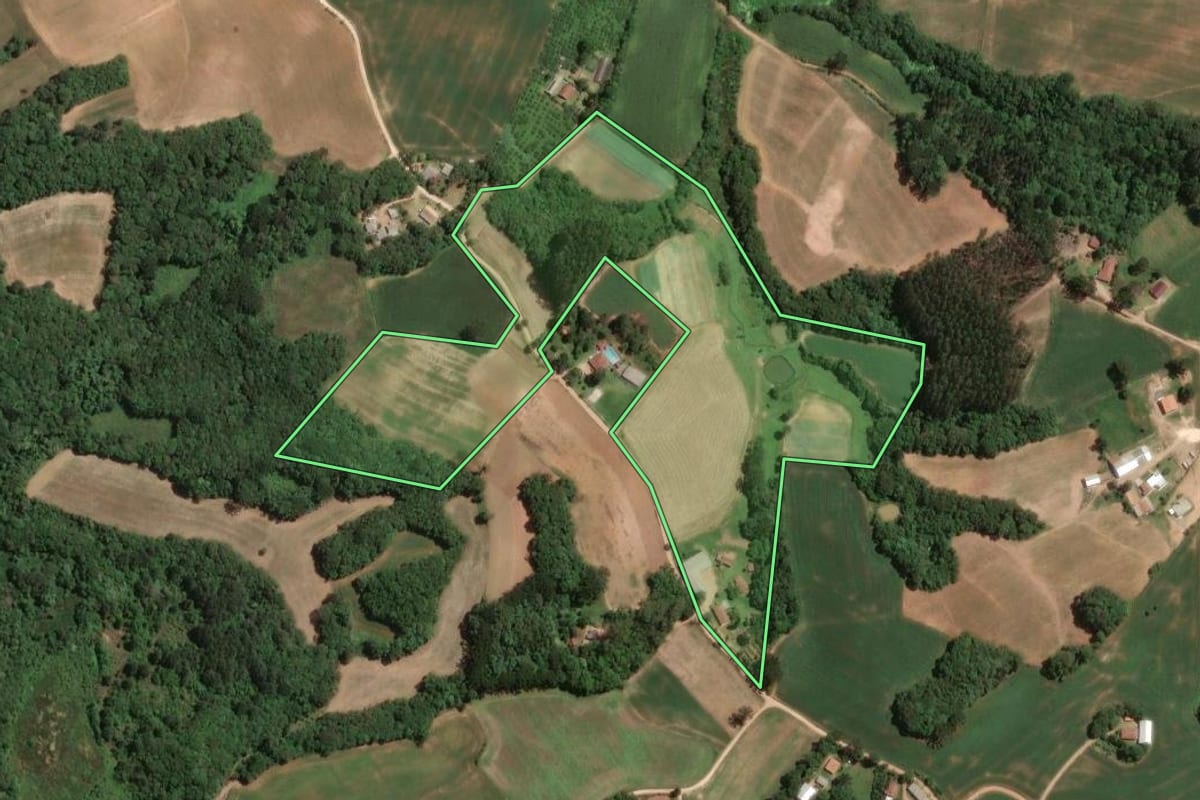 Imagem de satélite do imóvel rural em Araucária (PR), com o contorno declarado no CAR desenhado por cima.