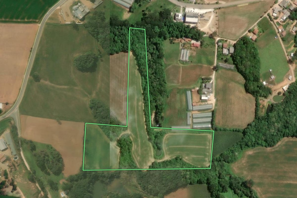 Imagem de satélite do imóvel rural em Araucária (PR), com o contorno declarado no CAR desenhado por cima.