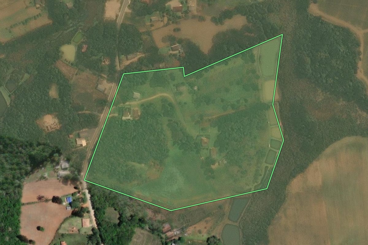 Imagem de satélite do imóvel rural em Araucária (PR), com o contorno declarado no CAR desenhado por cima.