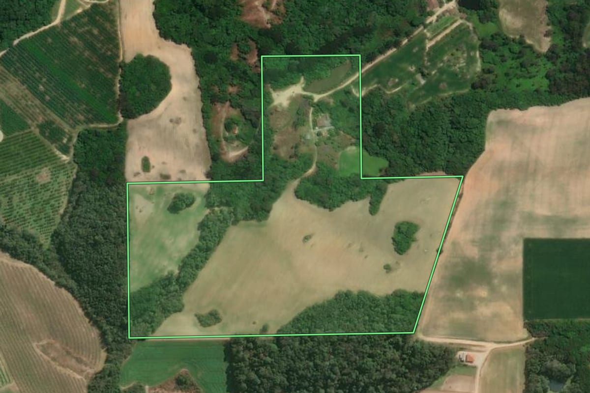 Imagem de satélite do imóvel rural em Araucária (PR), com o contorno declarado no CAR desenhado por cima.