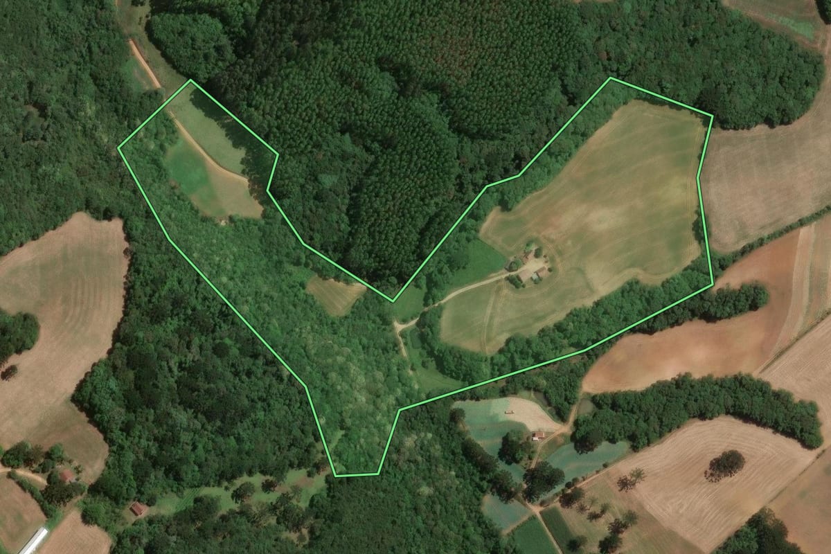 Imagem de satélite do imóvel rural em Araucária (PR), com o contorno declarado no CAR desenhado por cima.