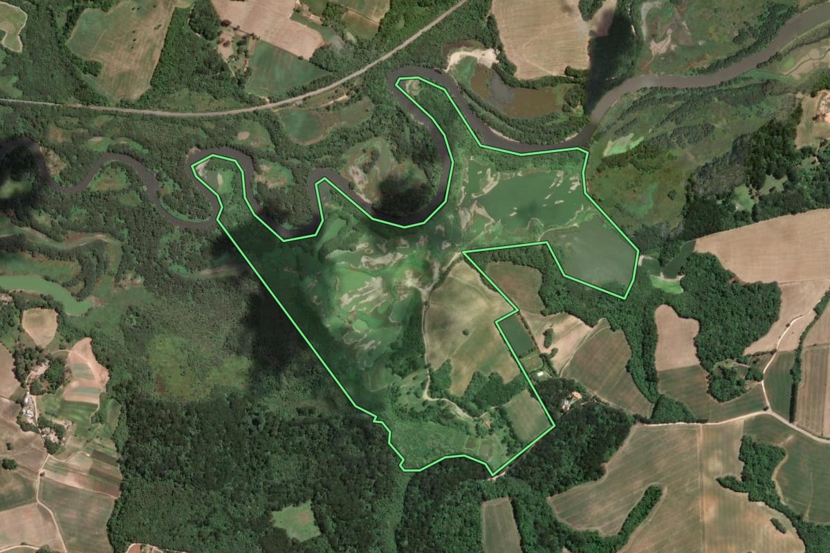 Imagem de satélite do imóvel rural em Araucária (PR), com o contorno declarado no CAR desenhado por cima.