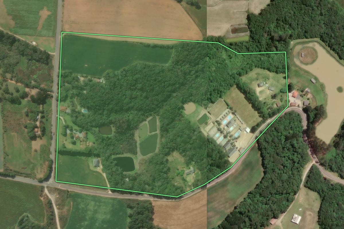Imagem de satélite do imóvel rural em Araucária (PR), com o contorno declarado no CAR desenhado por cima.