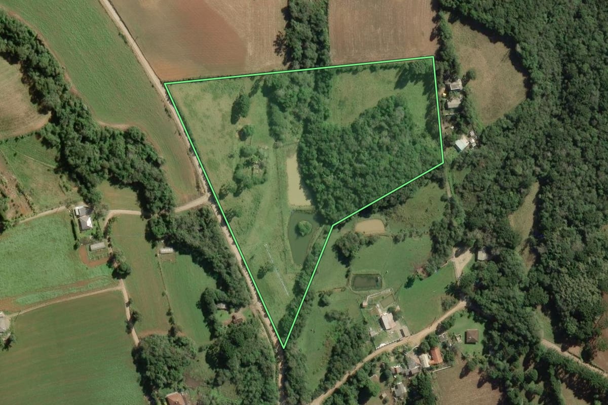 Imagem de satélite do imóvel rural em Araucária (PR), com o contorno declarado no CAR desenhado por cima.