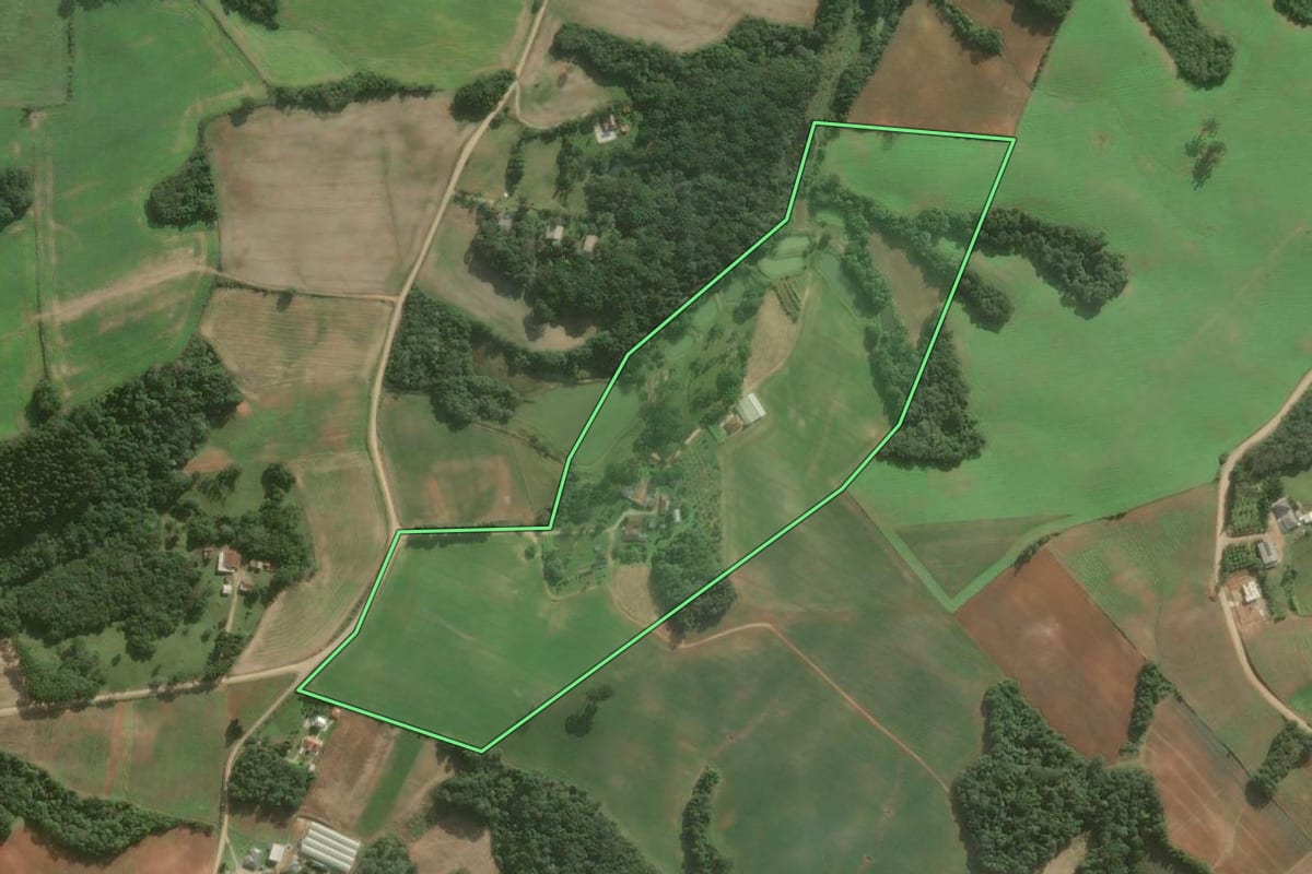 Imagem de satélite do imóvel rural em Araucária (PR), com o contorno declarado no CAR desenhado por cima.