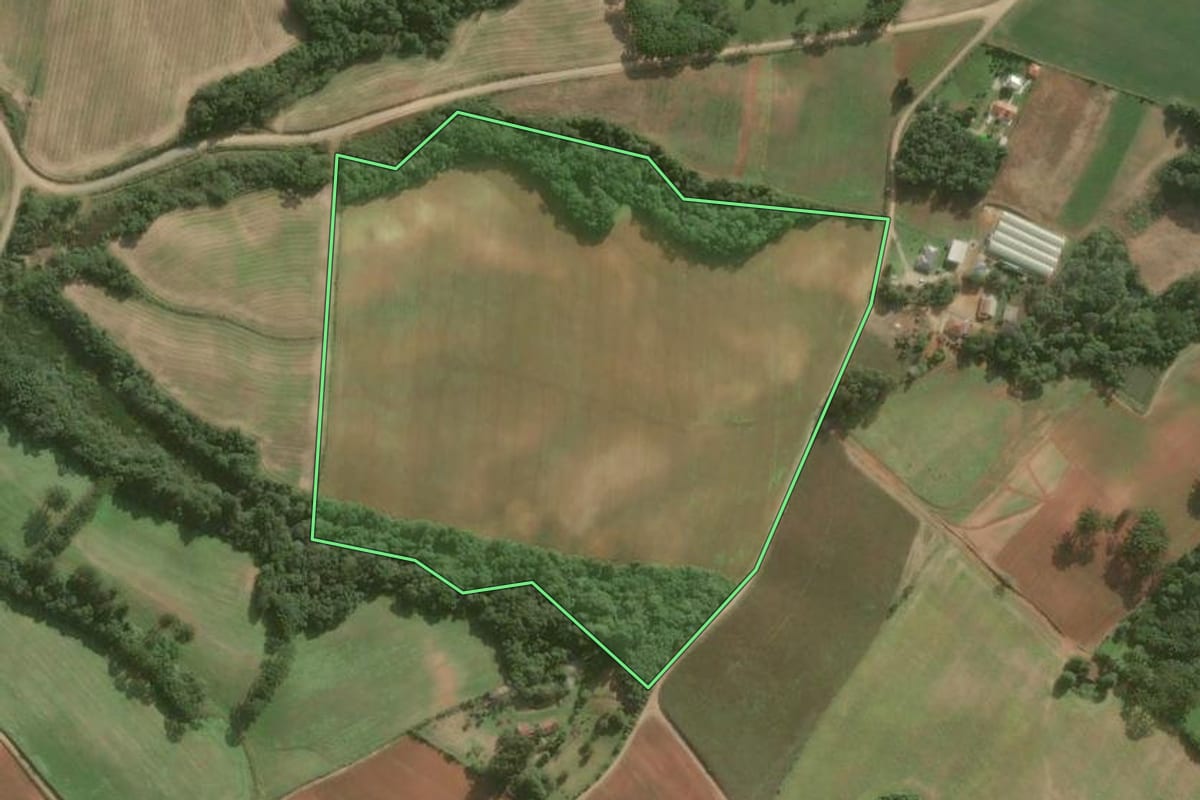 Imagem de satélite do imóvel rural em Araucária (PR), com o contorno declarado no CAR desenhado por cima.