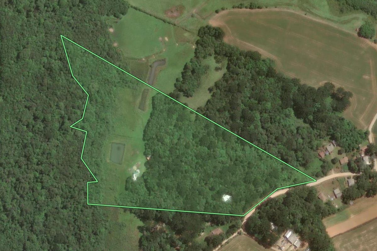 Imagem de satélite do imóvel rural em Araucária (PR), com o contorno declarado no CAR desenhado por cima.