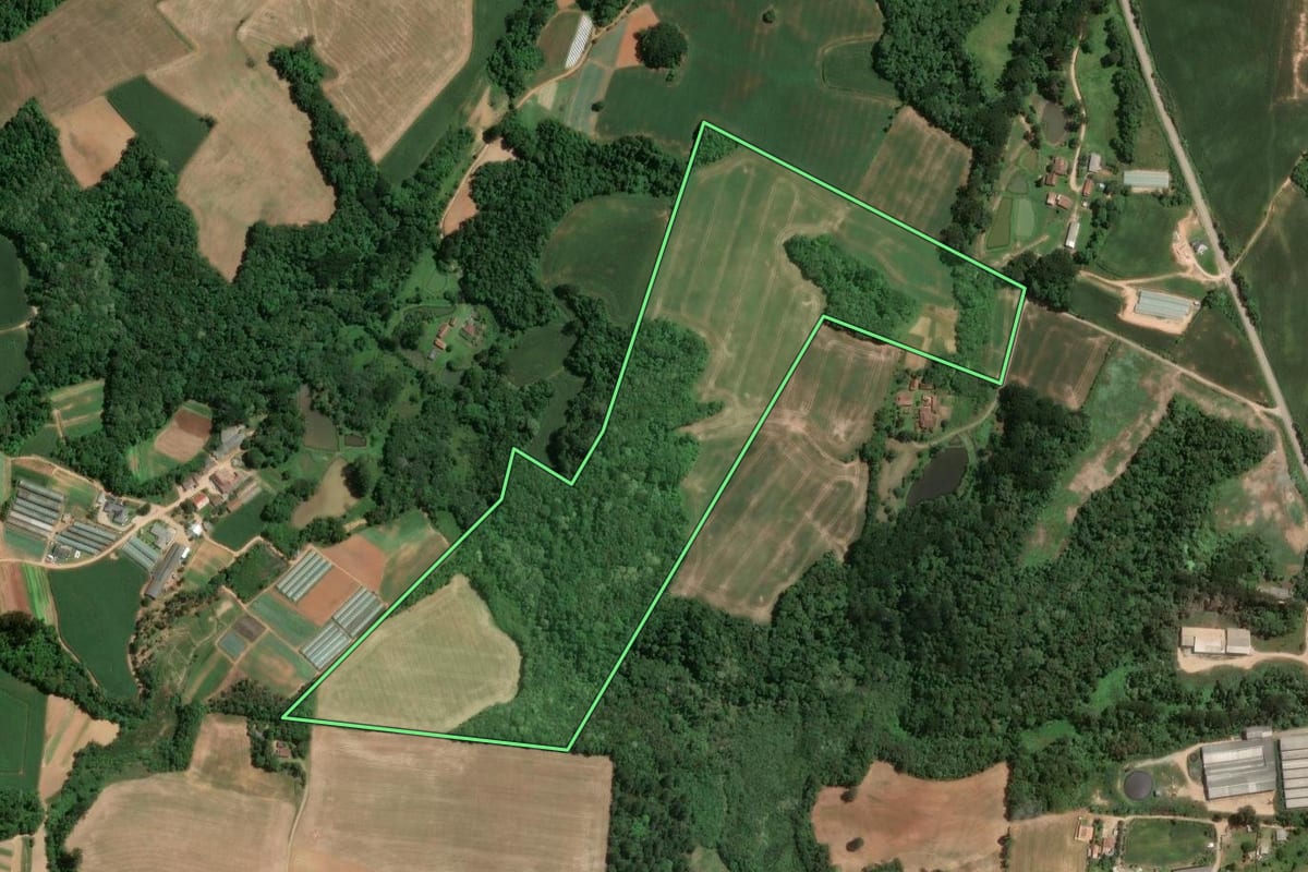 Imagem de satélite do imóvel rural em Araucária (PR), com o contorno declarado no CAR desenhado por cima.