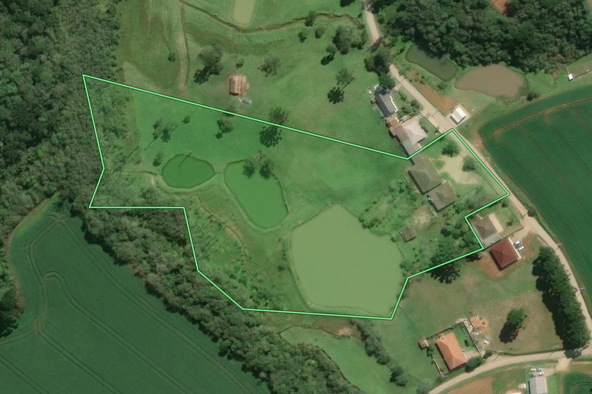 Imagem de satélite do imóvel rural em Araucária (PR), com o contorno declarado no CAR desenhado por cima.