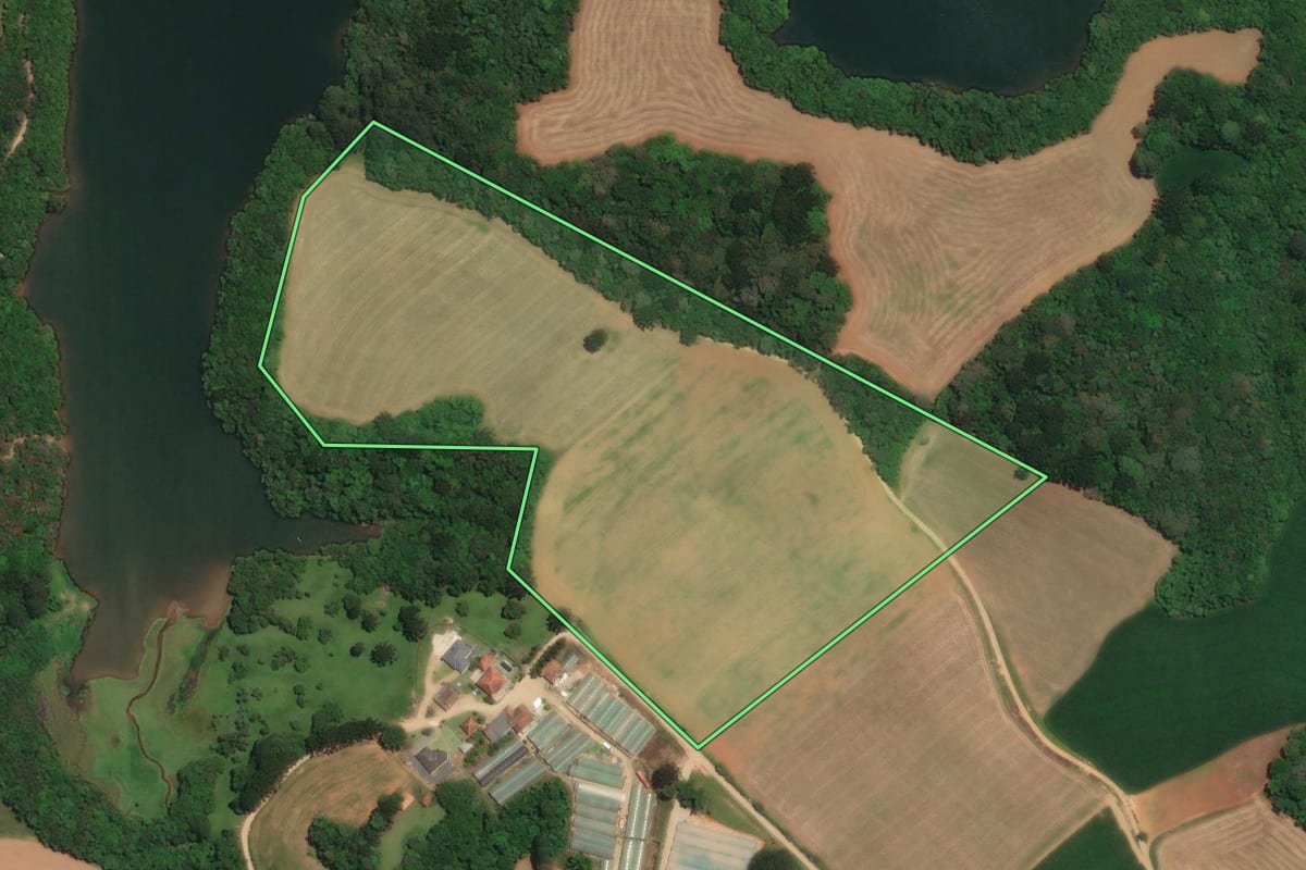 Imagem de satélite do imóvel rural em Araucária (PR), com o contorno declarado no CAR desenhado por cima.